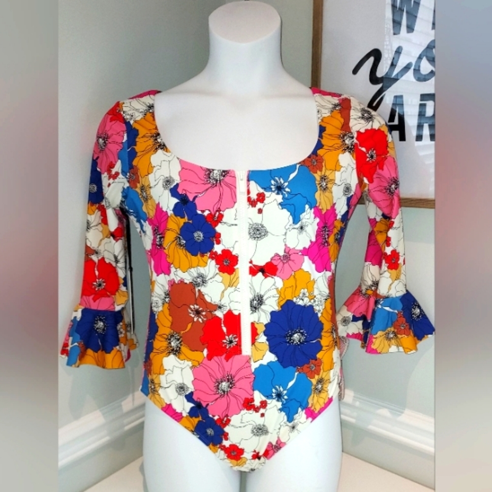 Stylest MultiColor Floral Print 3/4 Bell Sleeve Zip Front One Piece Swimsuit NWT